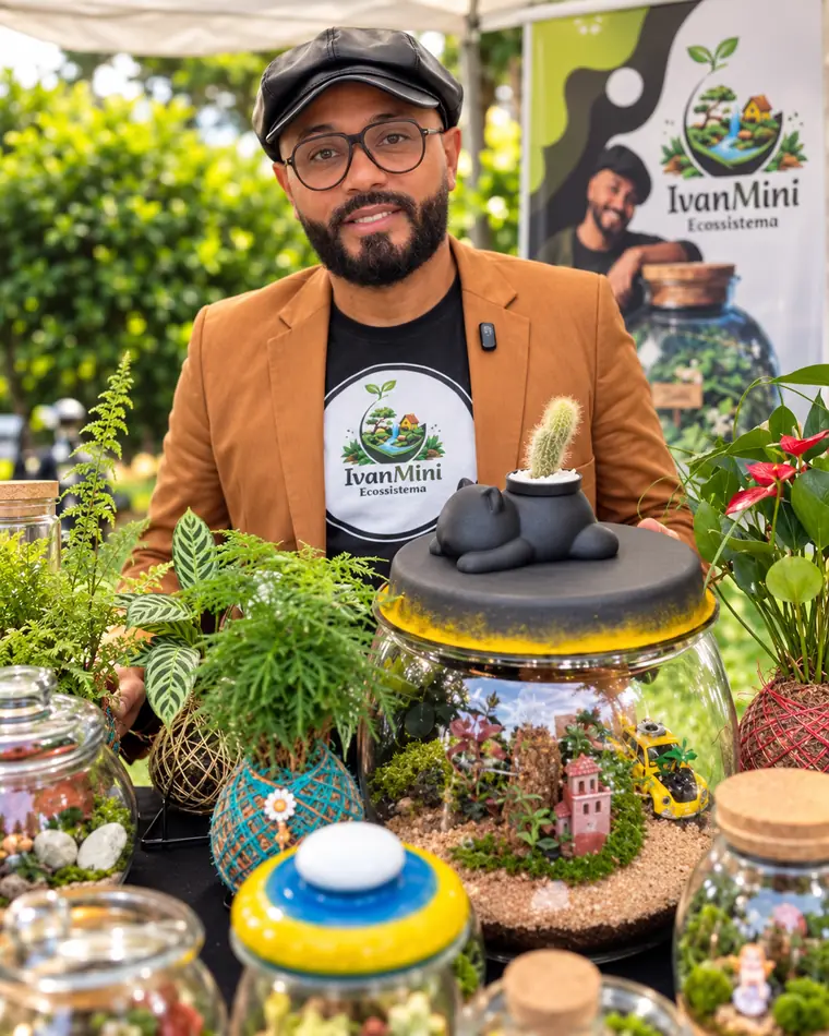Ivan numa exposição ao ar livre com terrários e kokedamas