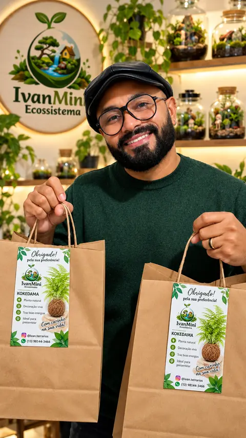 Ivan segurando sacolas kraft com cartão de kokedama