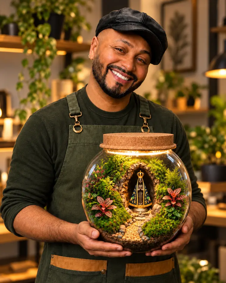 Ivan segurando terrário em globo de vidro com Nossa Senhora Aparecida