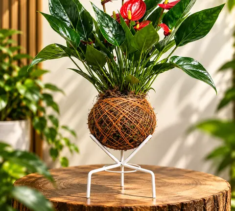 Kokedama de antúrio vermelho