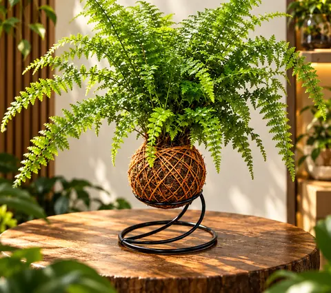 Kokedama de samambaia em suporte espiral