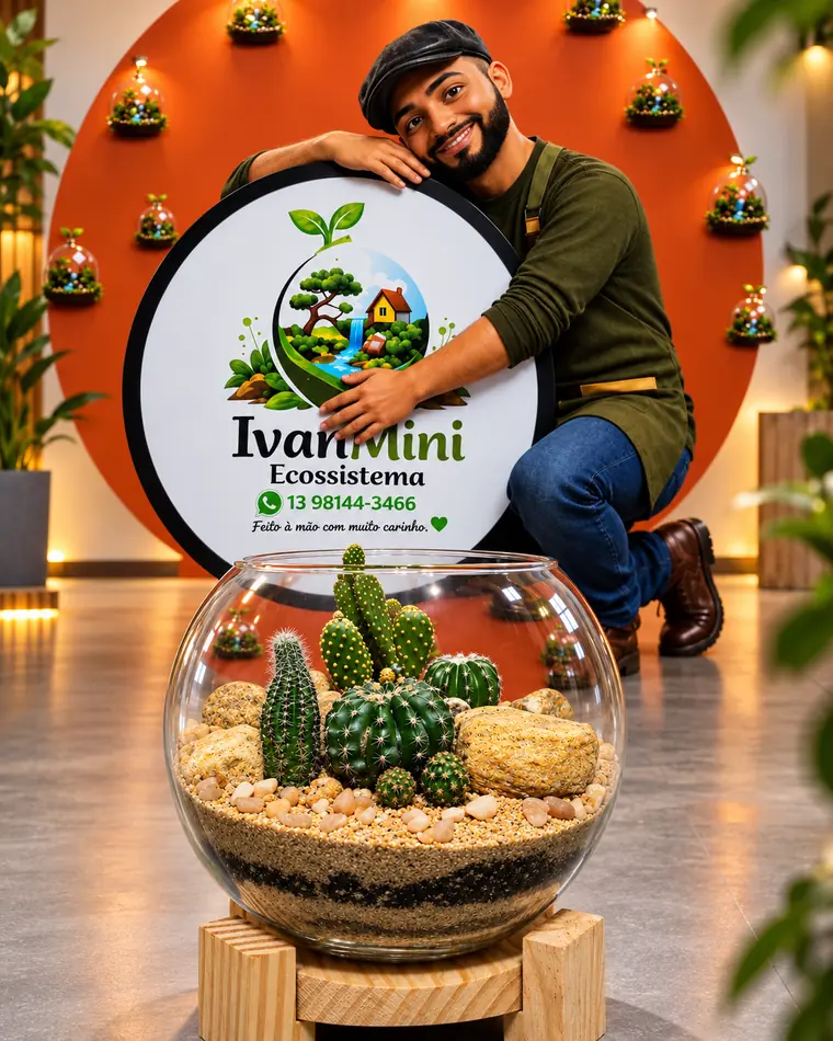 Terrário aberto em aquário redondo com cactos, suculentas e pedras