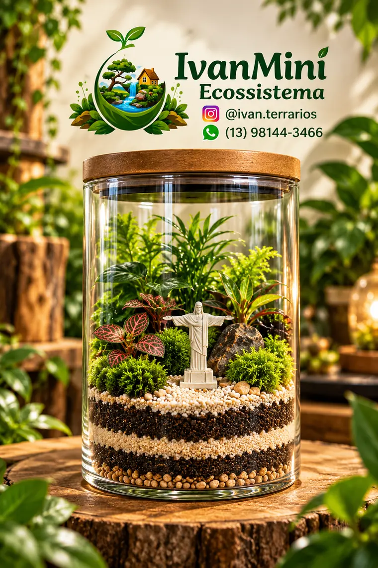 Terrário cilíndrico com Cristo Redentor, fitônias e camadas de pedriscos