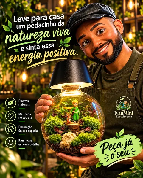 Ivan com terrário-luminária do Pequeno Príncipe